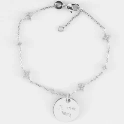 HappyBulle Bracelet chaîne scintillant personnalisé médaille gravée argent 15 mm Argent rhodié 925