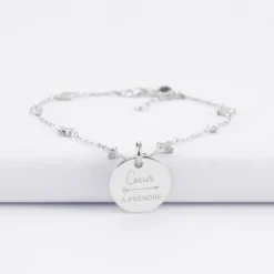 HappyBulle Bracelet chaîne scintillant personnalisé médaille gravée argent 15 mm Argent rhodié 925