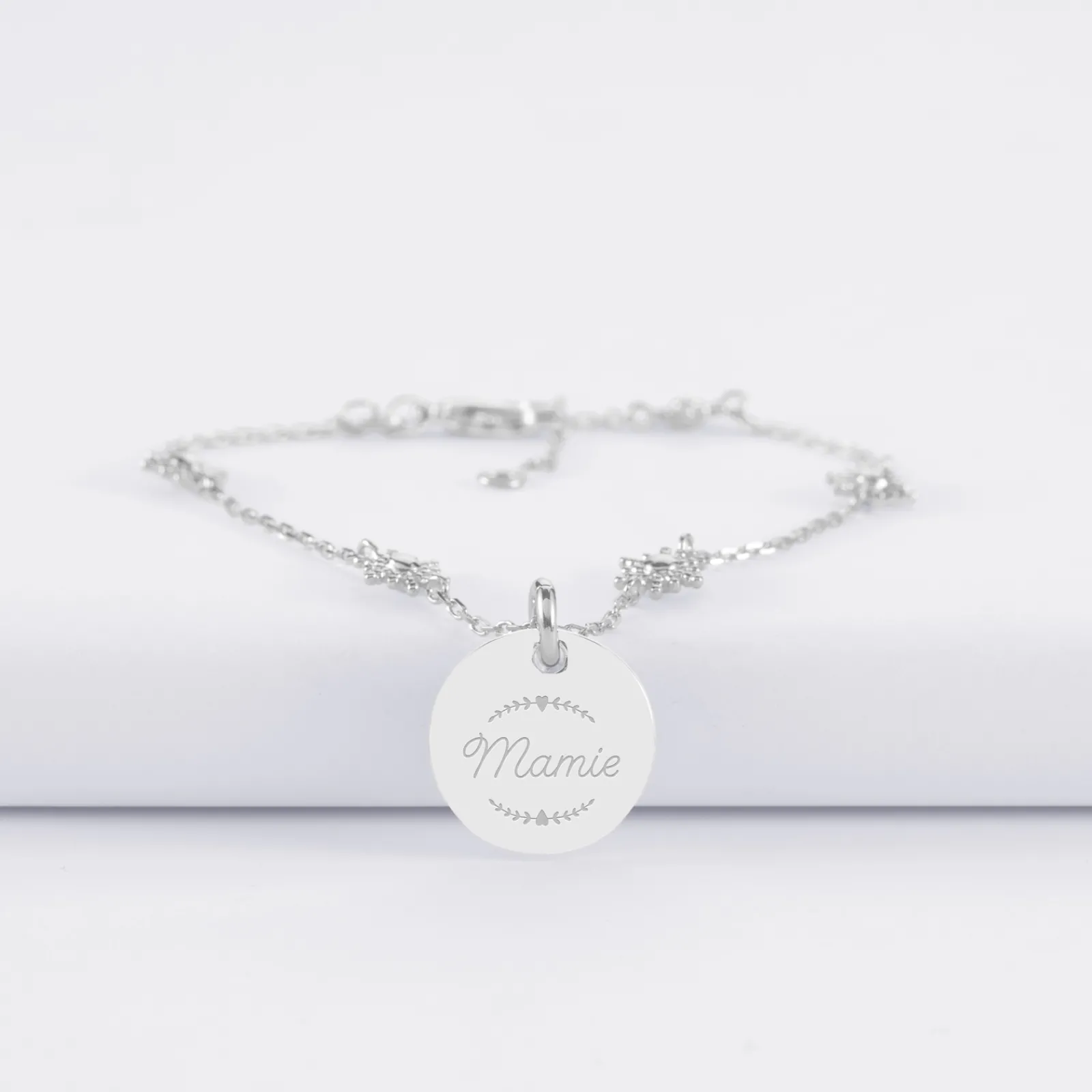 Outlet HappyBulle Bracelet chaîne étoile brillante personnalisé médaille gravée argent 15 mm Argent rhodié 925