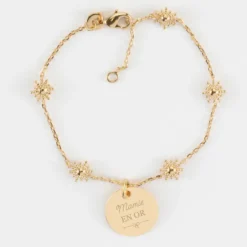 Discount HappyBulle Bracelet chaîne étoile brillante personnalisé médaille gravée plaqué or 15 mm Plaqué or 18k
