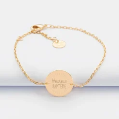 Outlet HappyBulle Bracelet Cérémonie enfant chaîne personnalisé médaille gravée plaqué or 2 trous 15 mm Plaqué or 18k