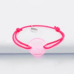 HappyBulle Bracelet d'identification enfant médaille gravée acrylique fluo 2 trous 17 mm Rose