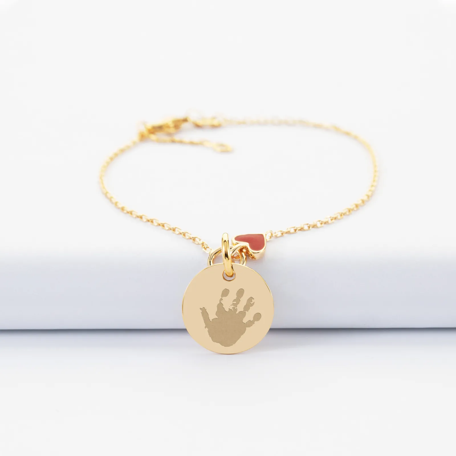 Clearance HappyBulle Bracelet enfant chaîne coeur émail rouge personnalisé médaille gravée plaqué or 15 mm
