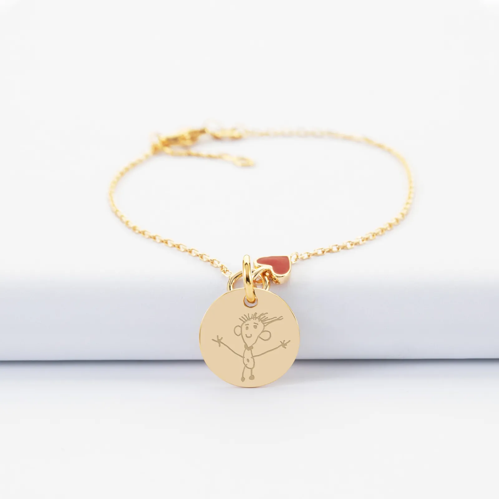 Clearance HappyBulle Bracelet enfant chaîne coeur émail rouge personnalisé médaille gravée plaqué or 15 mm