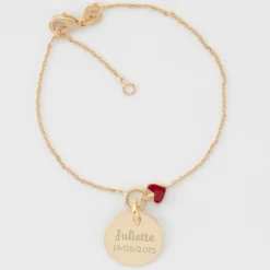 Clearance HappyBulle Bracelet enfant chaîne coeur émail rouge personnalisé médaille gravée plaqué or 15 mm