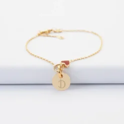 Best HappyBulle Bracelet enfant chaîne coeur émail rouge personnalisé médaille gravée plaqué or 10 mm