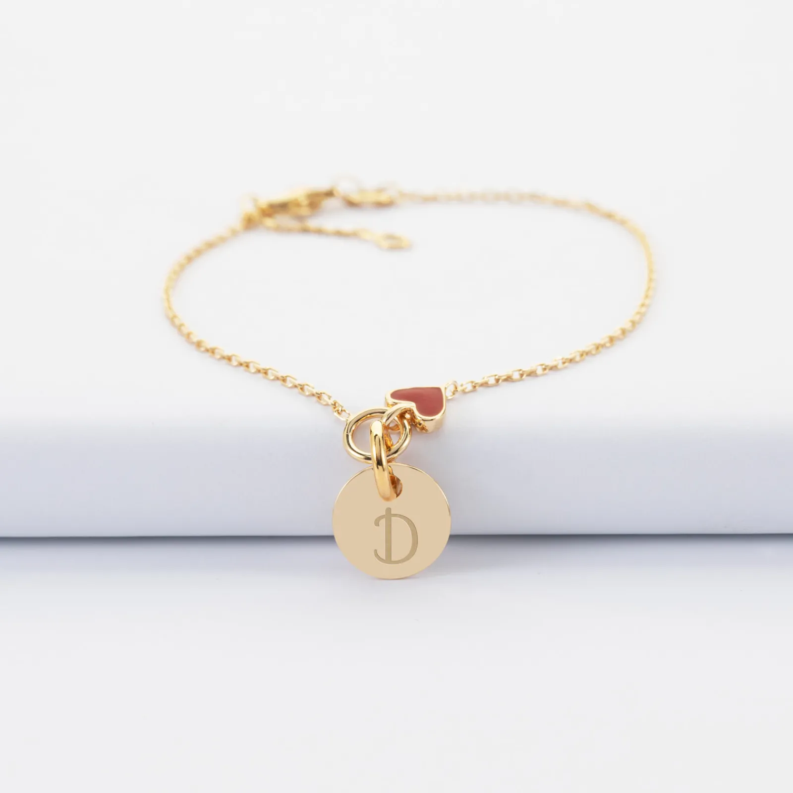 Best HappyBulle Bracelet enfant chaîne coeur émail rouge personnalisé médaille gravée plaqué or 10 mm