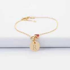 Best HappyBulle Bracelet enfant chaîne coeur émail rouge personnalisé médaille gravée plaqué or 10 mm
