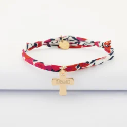 New HappyBulle Bracelet enfant Liberty personnalisé médaille gravée plaqué or croix 15x13 mm Plaqué or 18k