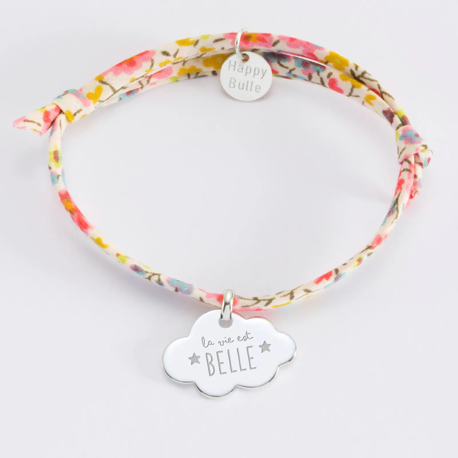 New HappyBulle Bracelet enfant Liberty personnalisé prénom médaille gravée argent nuage 20x14 mm Argent rhodié 925