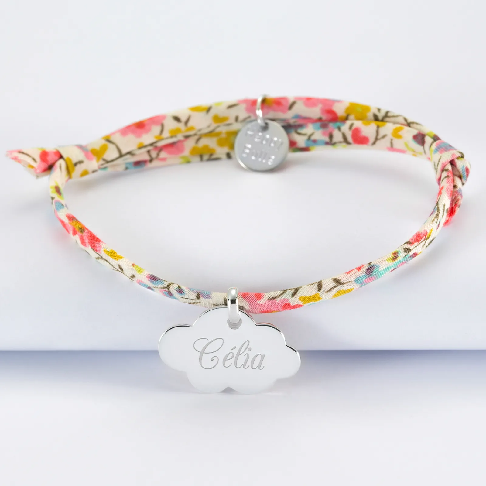 New HappyBulle Bracelet enfant Liberty personnalisé prénom médaille gravée argent nuage 20x14 mm Argent rhodié 925
