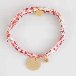 Sale HappyBulle Bracelet enfant Liberty personnalisé médaille gravée plaqué or 15 mm et breloque fleur zircon plaqué or 8 mm