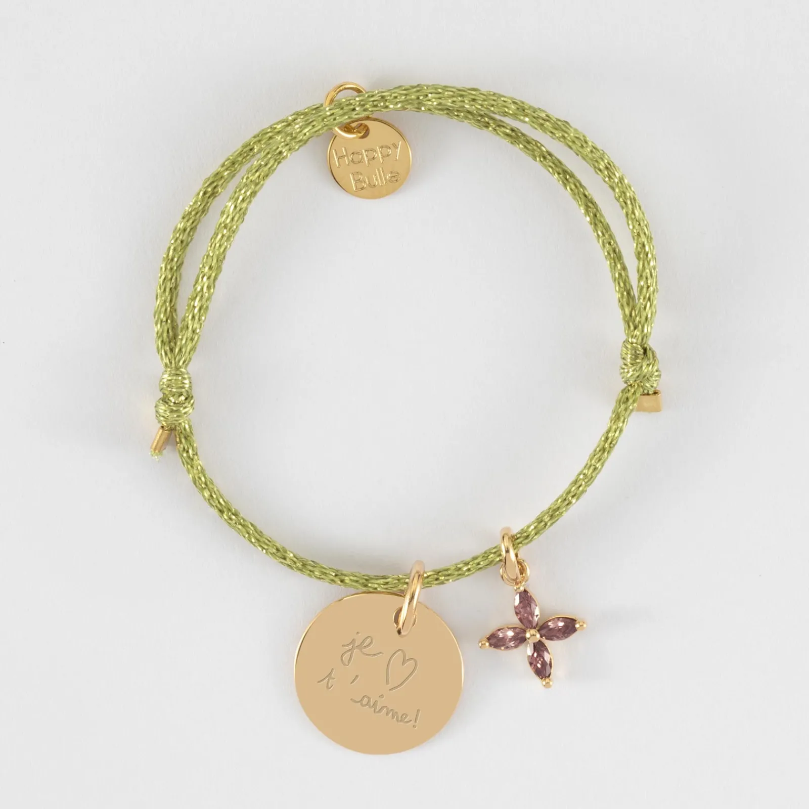 HappyBulle Bracelet enfant personnalisé cordon pailleté médaille gravée plaqué or 15 mm et breloque fleur pétales zircons 10 mm