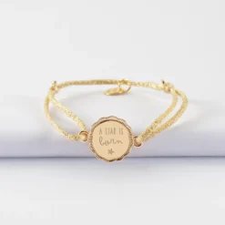 HappyBulle Bracelet enfant personnalisé cordon pailleté médaille contour fleur gravée plaqué or 2 trous 15 mm