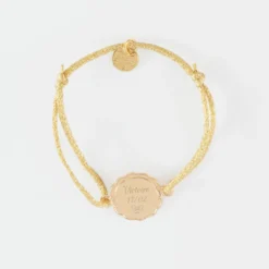 HappyBulle Bracelet enfant personnalisé cordon pailleté médaille contour fleur gravée plaqué or 2 trous 15 mm
