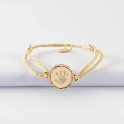 HappyBulle Bracelet enfant personnalisé cordon pailleté médaille contour fleur gravée plaqué or 2 trous 15 mm