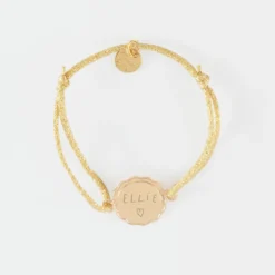 HappyBulle Bracelet enfant personnalisé cordon pailleté médaille contour fleur gravée plaqué or 2 trous 15 mm