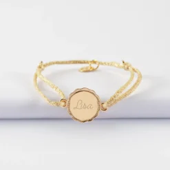 HappyBulle Bracelet enfant personnalisé cordon pailleté médaille contour fleur gravée plaqué or 2 trous 15 mm