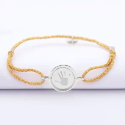 Sale HappyBulle Bracelet enfant personnalisé cordon pailleté médaille réversible Eternelle gravée argent 2 trous 16 mm Argent rhodié 925