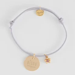 New HappyBulle Bracelet enfant personnalisé médaille gravée plaqué or 15 mm et breloque fleur zircon plaqué or 8 mm