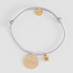 New HappyBulle Bracelet enfant personnalisé médaille gravée plaqué or 15 mm et breloque fleur zircon plaqué or 8 mm