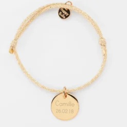 Best HappyBulle Bracelet enfant personnalisé cordon pailleté médaille gravée plaqué or 15 mm Plaqué or 18k