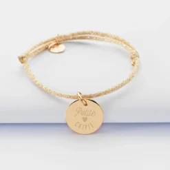 Best HappyBulle Bracelet enfant personnalisé cordon pailleté médaille gravée plaqué or 15 mm Plaqué or 18k