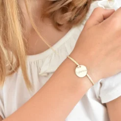 Best HappyBulle Bracelet enfant personnalisé cordon pailleté médaille gravée plaqué or 15 mm Plaqué or 18k