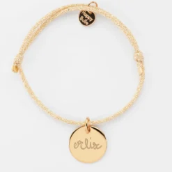 Best HappyBulle Bracelet enfant personnalisé cordon pailleté médaille gravée plaqué or 15 mm Plaqué or 18k