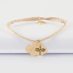Hot HappyBulle Bracelet enfant personnalisé cordon pailleté médaille gravée plaqué or nuage 20x14 mm et breloque fleur pétales zircons 10 mm