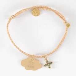 Hot HappyBulle Bracelet enfant personnalisé cordon pailleté médaille gravée plaqué or nuage 20x14 mm et breloque fleur pétales zircons 10 mm