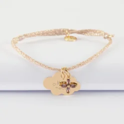 Hot HappyBulle Bracelet enfant personnalisé cordon pailleté médaille gravée plaqué or nuage 20x14 mm et breloque fleur pétales zircons 10 mm