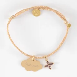 Hot HappyBulle Bracelet enfant personnalisé cordon pailleté médaille gravée plaqué or nuage 20x14 mm et breloque fleur pétales zircons 10 mm