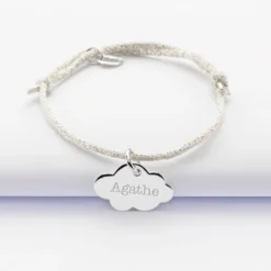 Clearance HappyBulle Bracelet enfant personnalisé cordon pailleté médaille gravée argent nuage 20x14 mm Argent rhodié 925