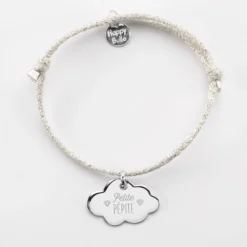 Clearance HappyBulle Bracelet enfant personnalisé cordon pailleté médaille gravée argent nuage 20x14 mm Argent rhodié 925