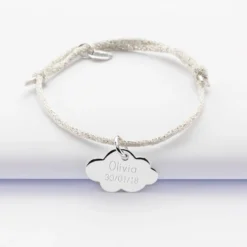Clearance HappyBulle Bracelet enfant personnalisé cordon pailleté médaille gravée argent nuage 20x14 mm Argent rhodié 925