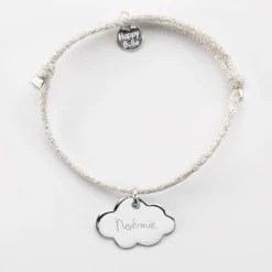 Clearance HappyBulle Bracelet enfant personnalisé cordon pailleté médaille gravée argent nuage 20x14 mm Argent rhodié 925