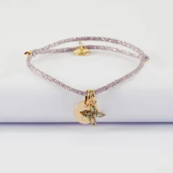 Outlet HappyBulle Bracelet enfant personnalisé cordon pailleté médaille gravée plaqué or 10 mm et breloque fleur pétales zircons 10 mm