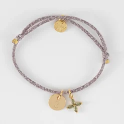 Outlet HappyBulle Bracelet enfant personnalisé cordon pailleté médaille gravée plaqué or 10 mm et breloque fleur pétales zircons 10 mm