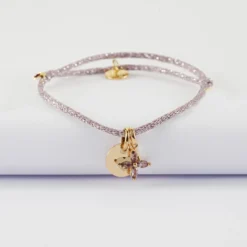 Outlet HappyBulle Bracelet enfant personnalisé cordon pailleté médaille gravée plaqué or 10 mm et breloque fleur pétales zircons 10 mm