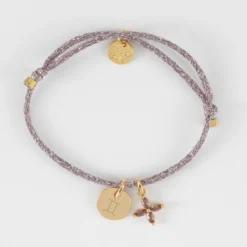 Outlet HappyBulle Bracelet enfant personnalisé cordon pailleté médaille gravée plaqué or 10 mm et breloque fleur pétales zircons 10 mm