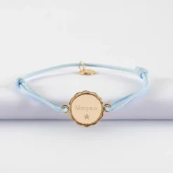 Sale HappyBulle Bracelet enfant personnalisé médaille contour fleur gravée plaqué or 2 trous 15 mm