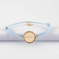Sale HappyBulle Bracelet enfant personnalisé médaille contour fleur gravée plaqué or 2 trous 15 mm