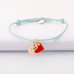 New HappyBulle Bracelet enfant personnalisé médaille gravée plaqué or 10 mm et breloque coeur email 10 mm Plaqué or 18k