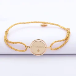 Best HappyBulle Bracelet enfant personnalisé cordon pailleté médaille réversible Eternelle gravée plaqué or 2 trous 16 mm Plaqué or 18k