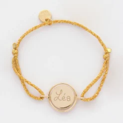Best HappyBulle Bracelet enfant personnalisé cordon pailleté médaille réversible Eternelle gravée plaqué or 2 trous 16 mm Plaqué or 18k