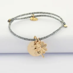 New HappyBulle Bracelet enfant personnalisé cordon pailleté médaille gravée plaqué or 15 mm et breloque scintillant 15 mm Trèfle