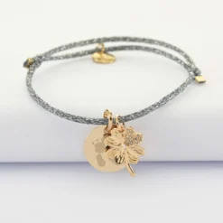 New HappyBulle Bracelet enfant personnalisé cordon pailleté médaille gravée plaqué or 15 mm et breloque scintillant 15 mm Trèfle
