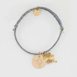 New HappyBulle Bracelet enfant personnalisé cordon pailleté médaille gravée plaqué or 15 mm et breloque scintillant 15 mm Trèfle