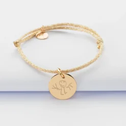 Best HappyBulle Bracelet enfant personnalisé cordon pailleté médaille gravée plaqué or 15 mm - x MyLovelyThing Plaqué or 18k